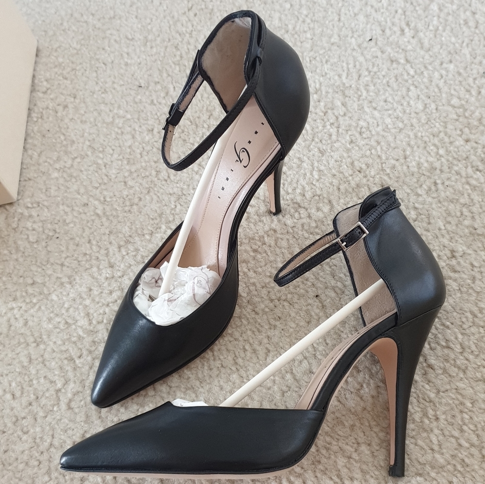 Gibellieri Black Leather Ankle-Strap Stiletto Pums